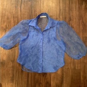 Zara blue organza puff-sleeve button down blouse
